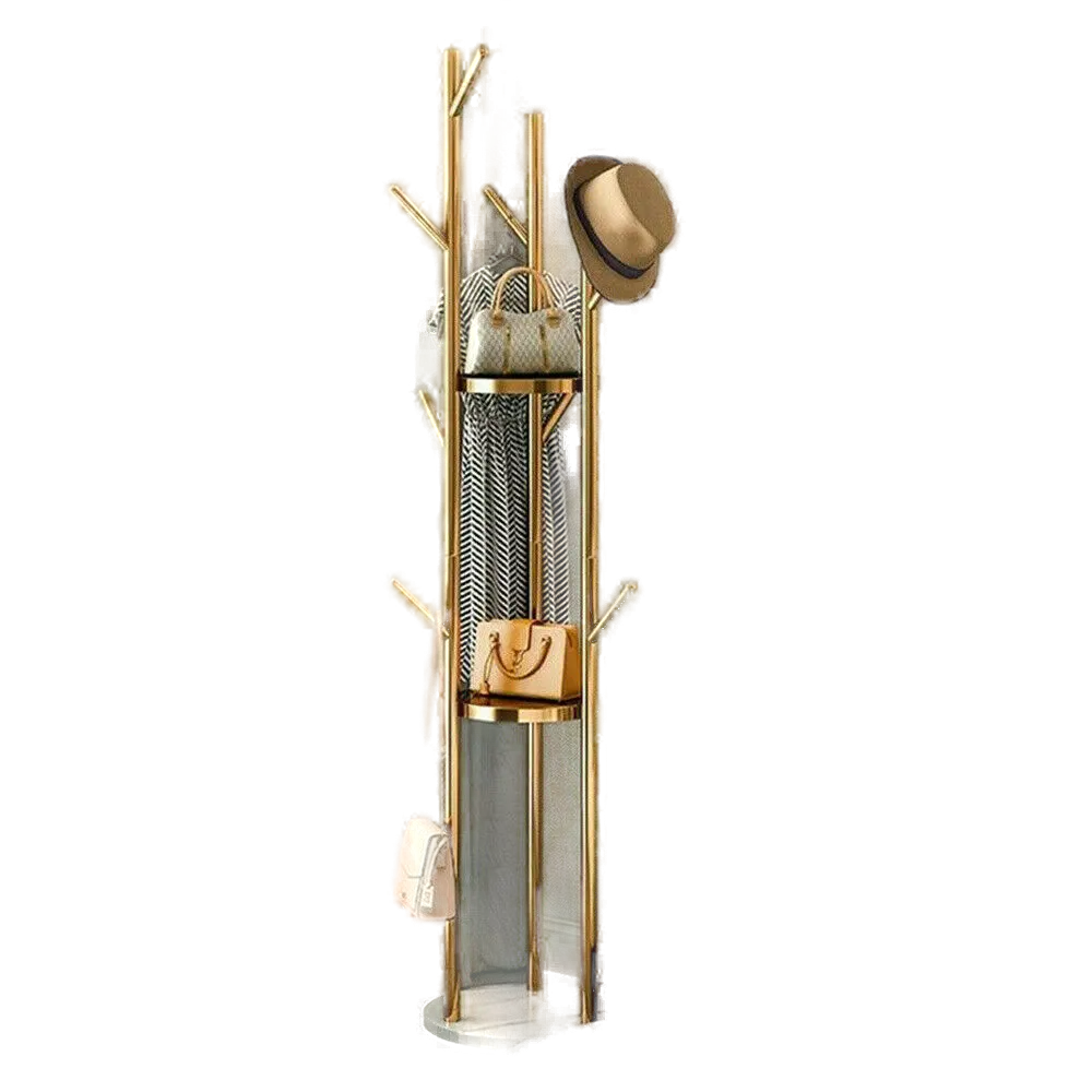 Marble Coat Rack Freestanding with 3 Circular Shelves and 9 Hooks, Gold Metal Frame and Base for Entryway, Bedroom, or Hallway