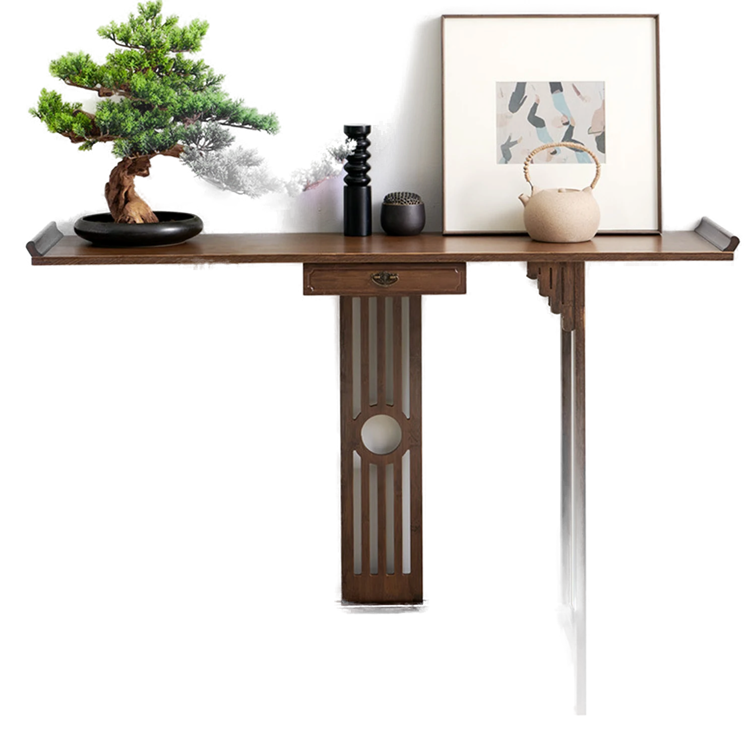 Console Table with Drawer: Modern Rustic Wood in Dark Brown Featuring Ornate Legs and Central Cutout Panel for Entryway, Living Room, or Hallway