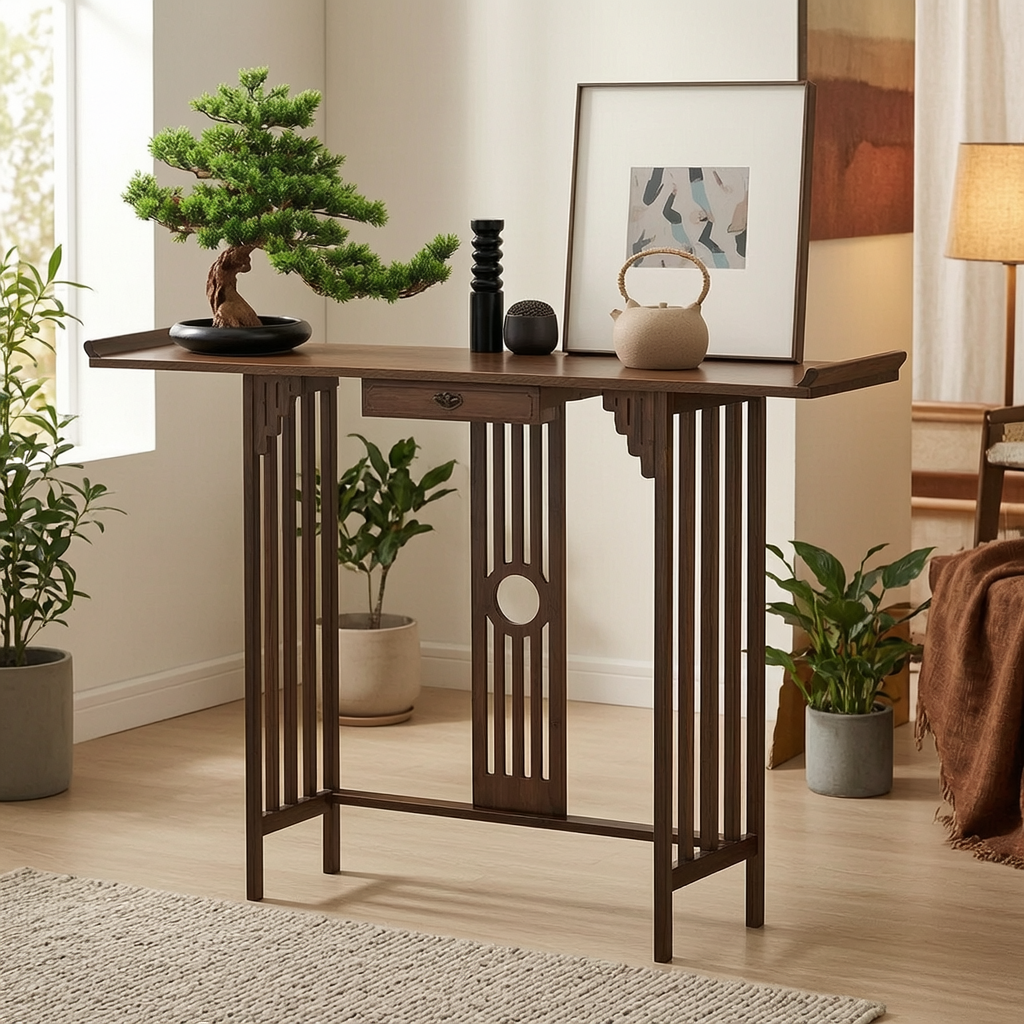 Console Table with Drawer: Modern Rustic Wood in Dark Brown Featuring Ornate Legs and Central Cutout Panel for Entryway, Living Room, or Hallway - Image 2