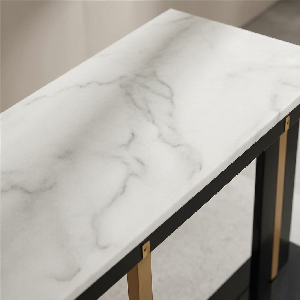 Marble Console Table with White Top and Black-and-Gold Metal Frame, Narrow Slim Profile for Behind Couch, Hallway or Entryway - Image 4