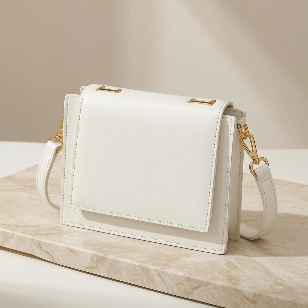 Women's Square Crossbody Bag in White PU Leather with Braided Handle, Magnetic Closure, Adjustable Strap and Gold Hardware - Image 4