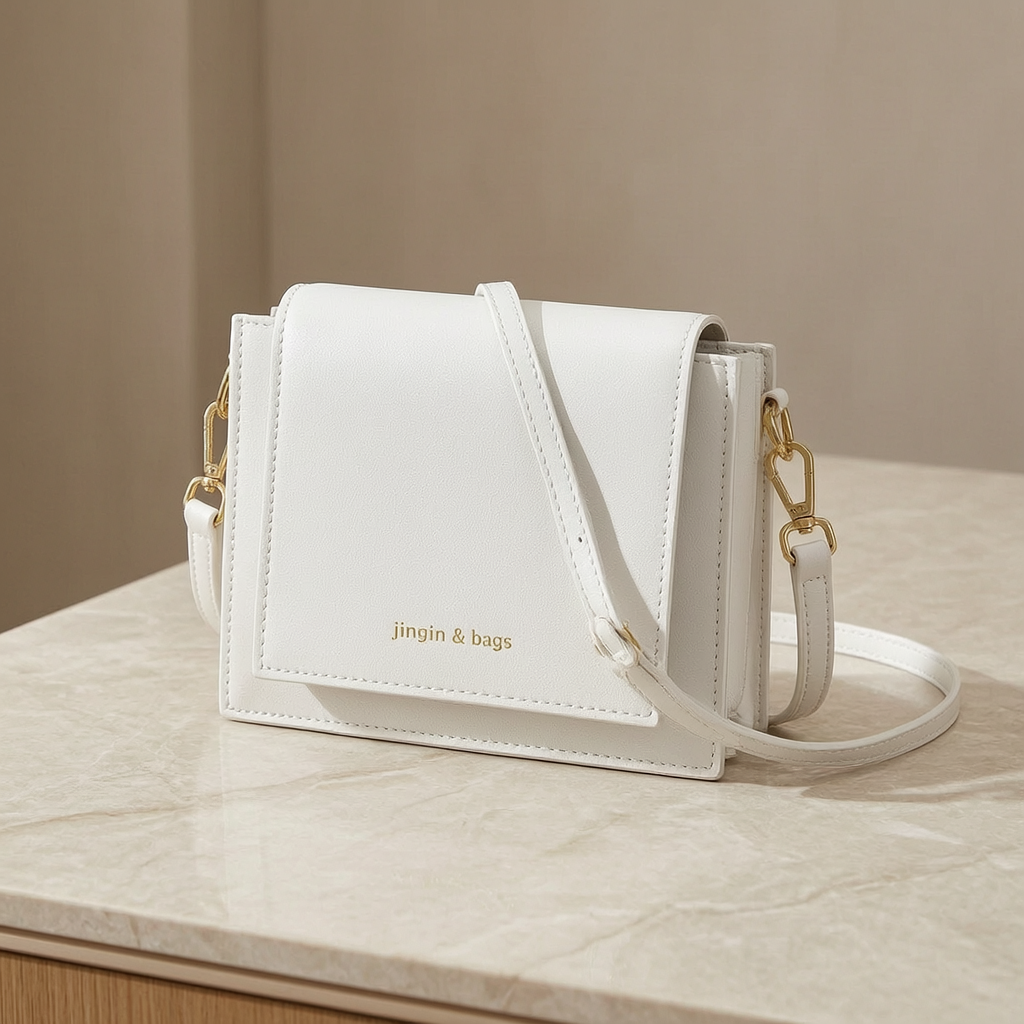 Women's Square Crossbody Bag in White PU Leather with Braided Handle, Magnetic Closure, Adjustable Strap and Gold Hardware - Image 6