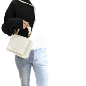 Women's Square Crossbody Bag in White PU Leather with Braided Handle, Magnetic Closure, Adjustable Strap and Gold Hardware