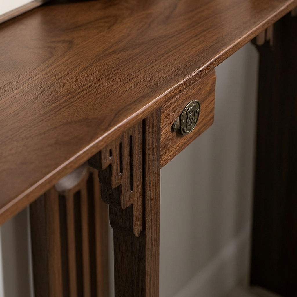Console Table with Drawer: Modern Rustic Wood in Dark Brown Featuring Ornate Legs and Central Cutout Panel for Entryway, Living Room, or Hallway - Image 5