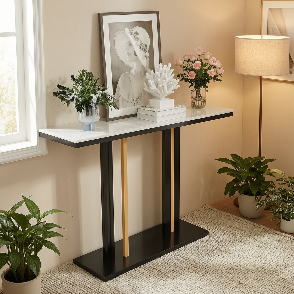 Marble Console Table with White Top and Black-and-Gold Metal Frame, Narrow Slim Profile for Behind Couch, Hallway or Entryway - Image 2